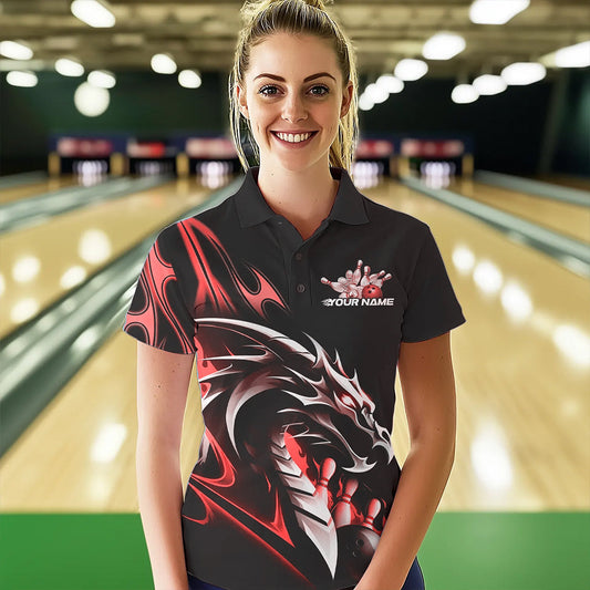 Custom Black And Red Flame Dragon Bowling Polo Shirt For Women, Dragon Bowling League Shirt IPHW8703