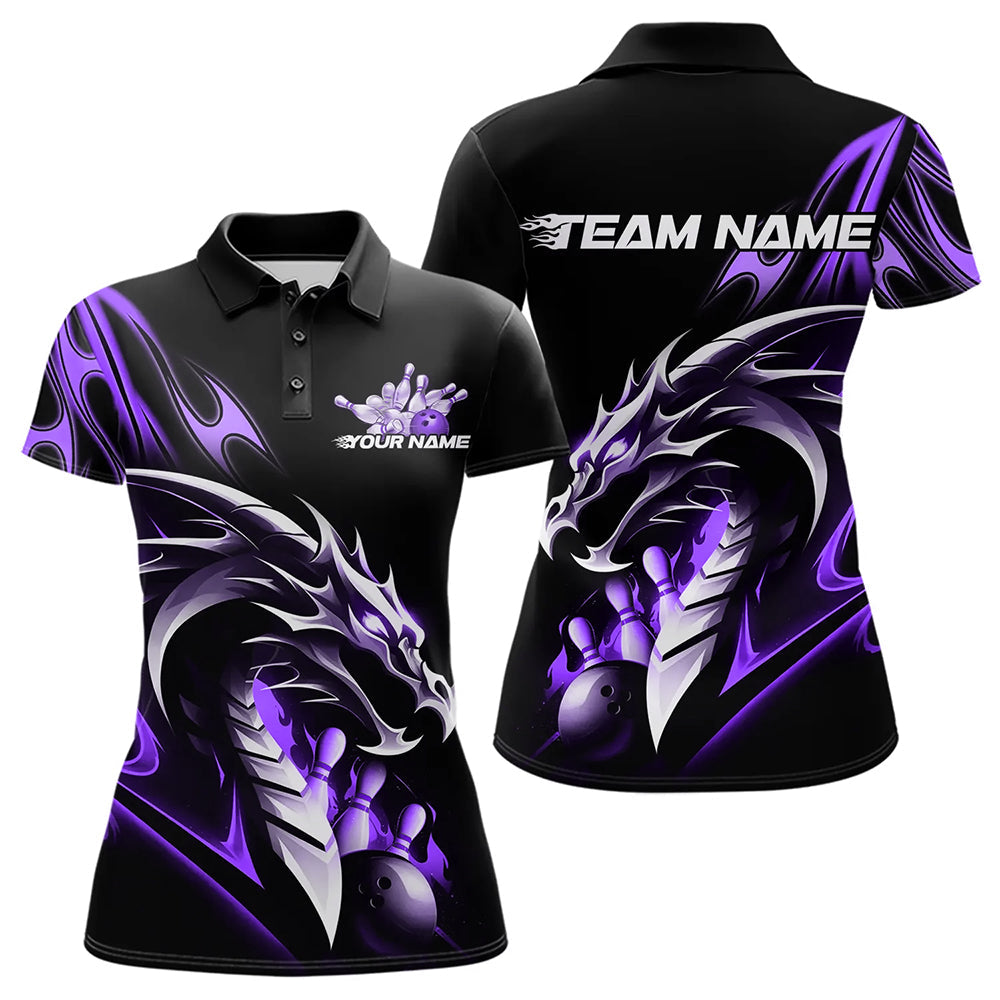 Custom Black And Purple Flame Dragon Bowling Womens Polo Shirt, Dragon Bowling League Shirt IPHW8704