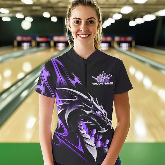 Custom Black And Purple Flame Dragon Bowling Women Quarter-Zip Shirts, Bowling League Shirt IPHW8704
