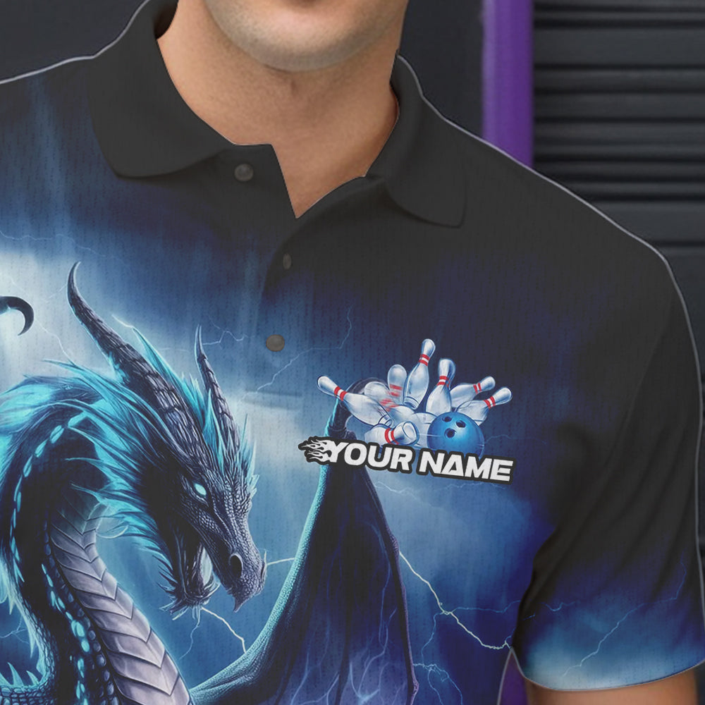 Custom Blue Thunder Lightning Dragon Bowling Polo Shirts For Men, Bowling Team Uniform IPHW8950
