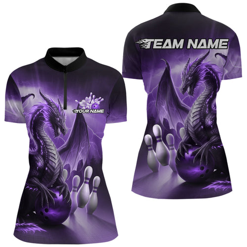 Custom Purple Lightning Dragon Bowling Women Quarter-Zip Shirt, Bowling Team Uniform IPHW8951