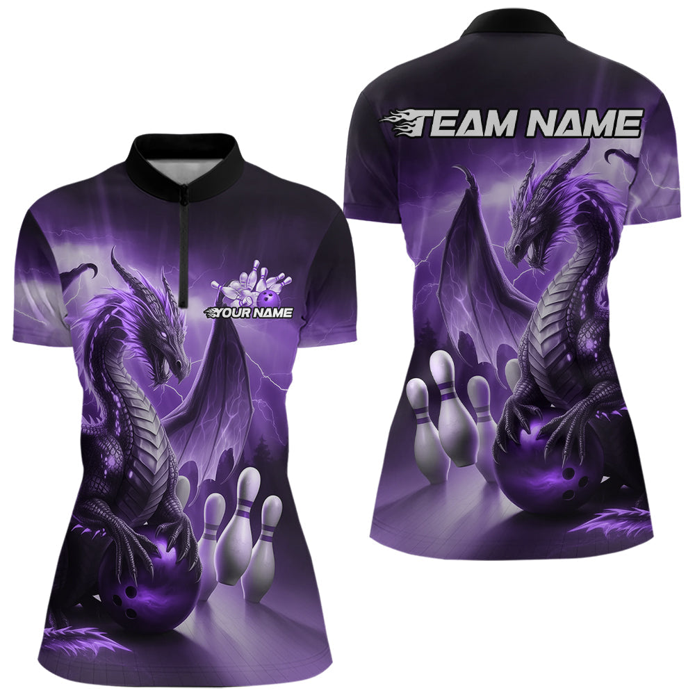 Custom Purple Lightning Dragon Bowling Women Quarter-Zip Shirt, Bowling Team Uniform IPHW8951