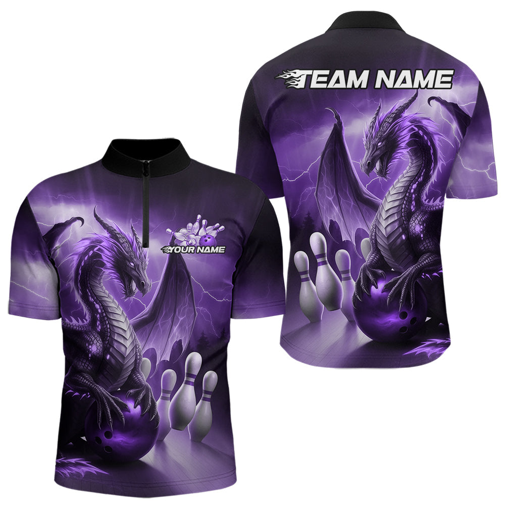 Custom Purple Thunder Lightning Dragon Bowling Quarter-Zip Shirts For Men, Bowling Team Uniform IPHW8951