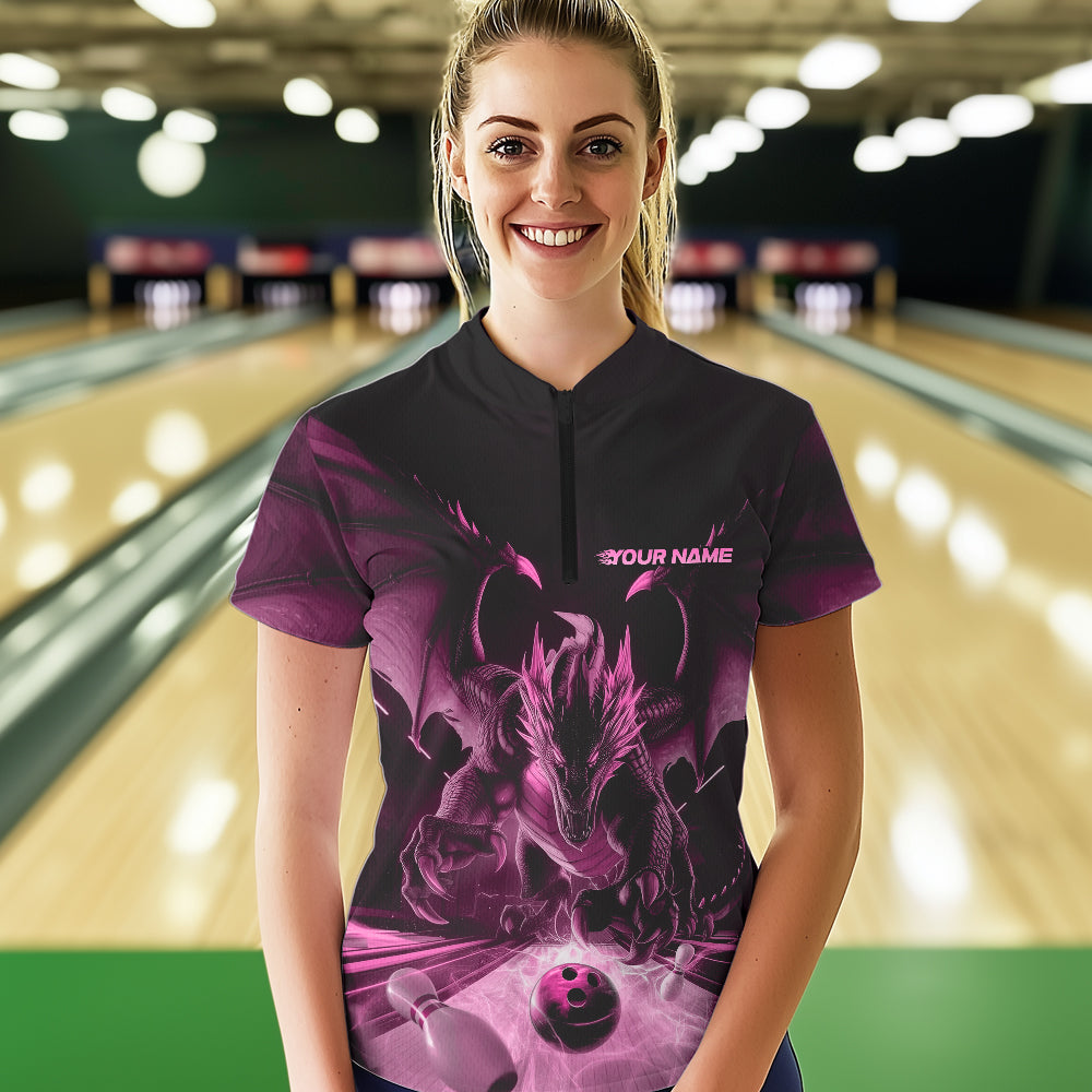 Custom Black And Pink Dragon Bowling Jerseys, Dragon Bowling Team Women Quarter-Zip Shirts IPHW8956