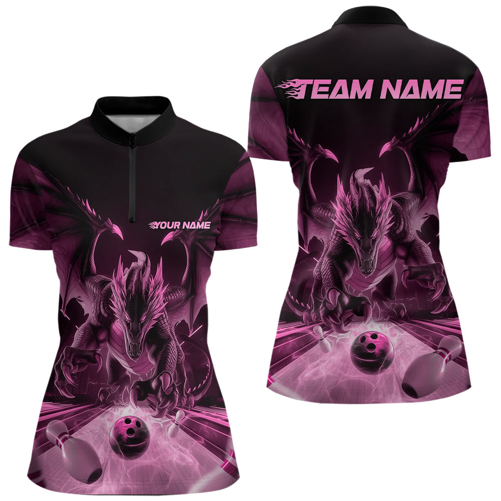 Custom Black And Pink Dragon Bowling Jerseys, Dragon Bowling Team Women Quarter-Zip Shirts IPHW8956