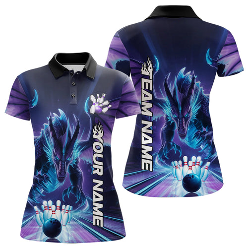 Custom Blue And Purple Dragon Bowling Polo Shirts For Women, Dragon Bowling League Shirt IPHW8958