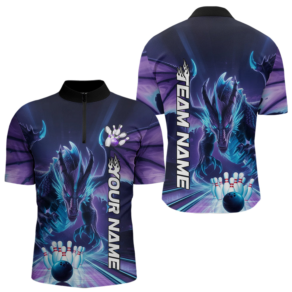 Custom Blue And Purple Dragon Bowling Quarter-Zip Shirts For Men, Dragon Bowling League Shirt IPHW8958