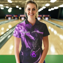 Load image into Gallery viewer, Custom Black And Purple Flame Dragon Bowling Polo Shirt For Women, Dragon Bowling Jerseys IPHW8963