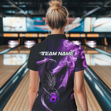 Load image into Gallery viewer, Custom Black And Purple Flame Dragon Bowling Polo Shirt For Women, Dragon Bowling Jerseys IPHW8963
