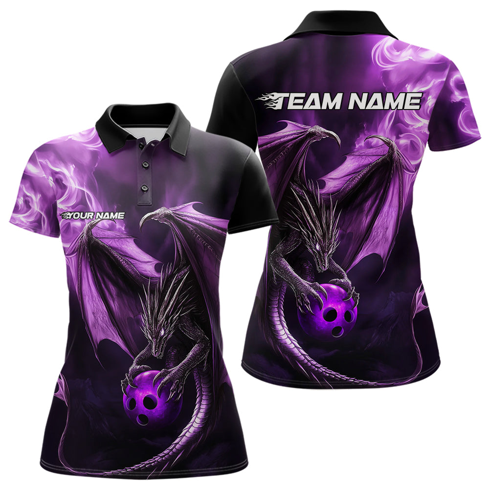 Custom Black And Purple Flame Dragon Bowling Polo Shirt For Women, Dragon Bowling Jerseys IPHW8963