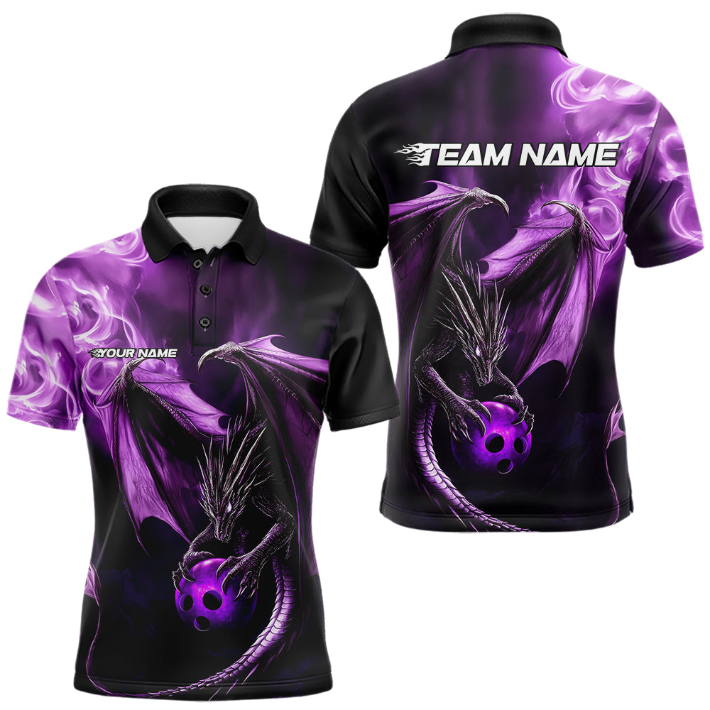 Custom Black And Purple Flame Dragon Bowling Polo Shirts For Men, Dragon Bowling Jerseys IPHW8963