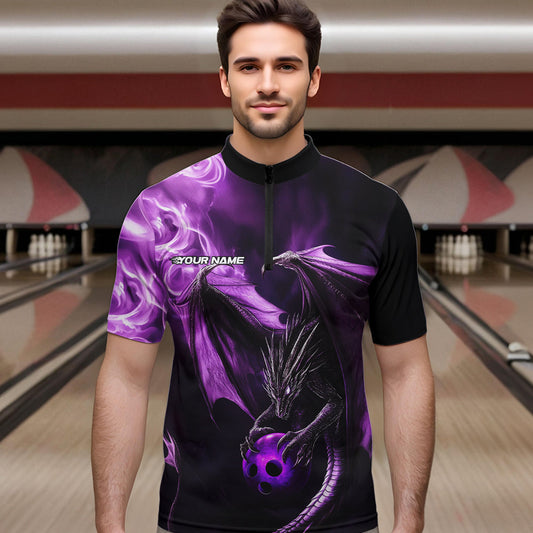 Custom Black And Purple Flame Dragon Bowling Quarter-Zip Shirts For Men, Dragon Bowling Jerseys IPHW8963