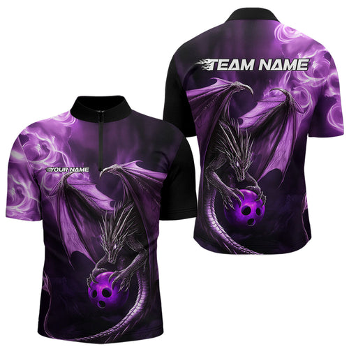 Custom Black And Purple Flame Dragon Bowling Quarter-Zip Shirts For Men, Dragon Bowling Jerseys IPHW8963