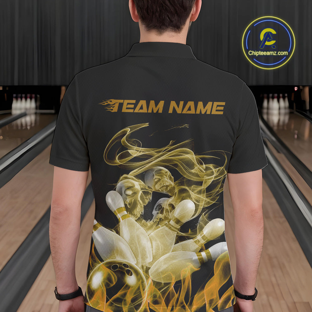 Custom Yellow Skull Smoke Bowling Team Men Polo Shirts, Halloween Bowling Outfit IPHW9776