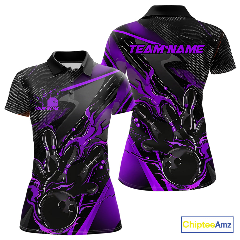 Custom Black And Purple Flame Bowling Team Women Polo Shirts, Fire Bowling Jerseys IPHW9782