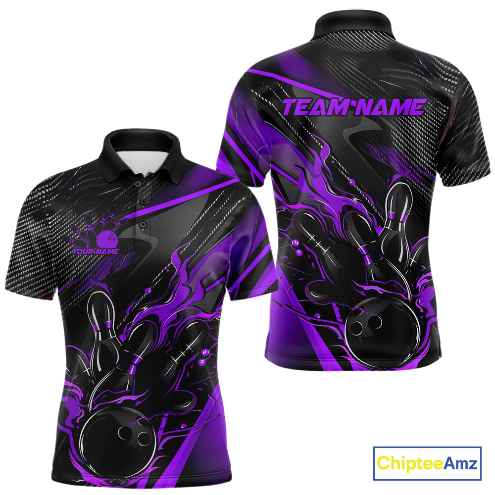 Custom Black And Purple Flame Bowling Team Men Polo Shirts, Fire Bowling Jerseys IPHW9782