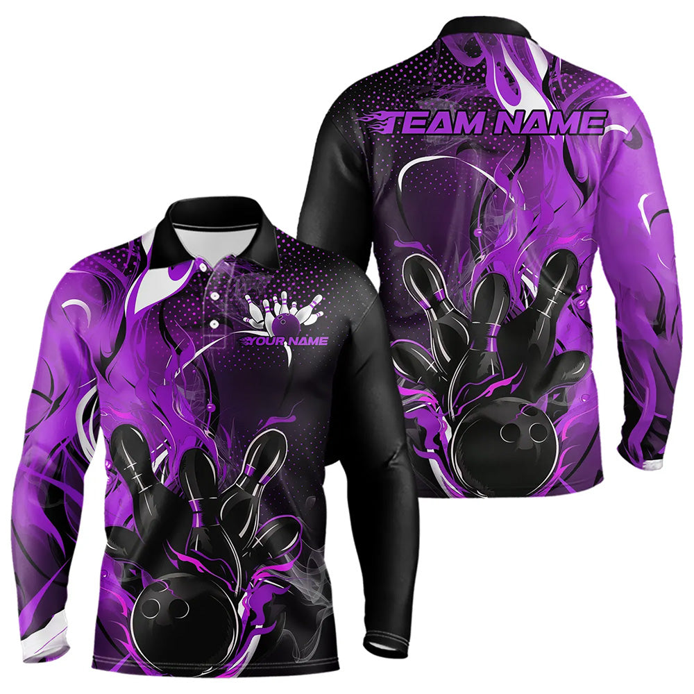 Black And Purple Custom Flame Bowling Long Sleeve Polo Shirts For Men, Fire Bowling Team Shirt IPHW8238