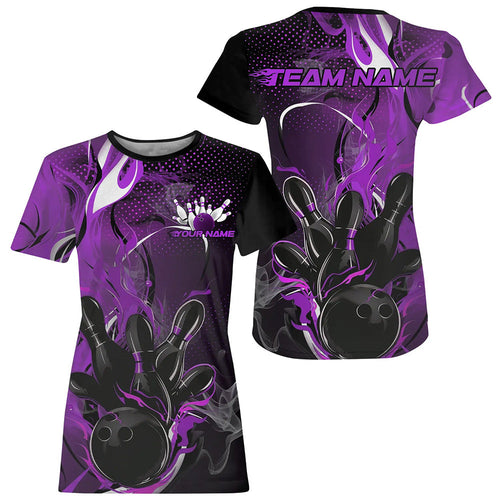 Black And Purple Custom Flame Bowling T-Shirts For Women, Fire Bowling Team IPHW8238