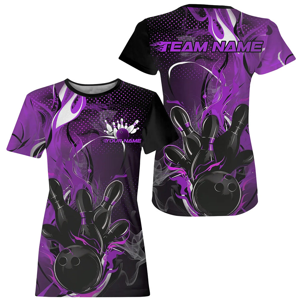 Black And Purple Custom Flame Bowling T-Shirts For Women, Fire Bowling Team IPHW8238