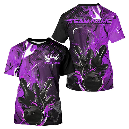 Black And Purple Custom Flame Bowling T-Shirts For Men, Fire Bowling Team IPHW8238