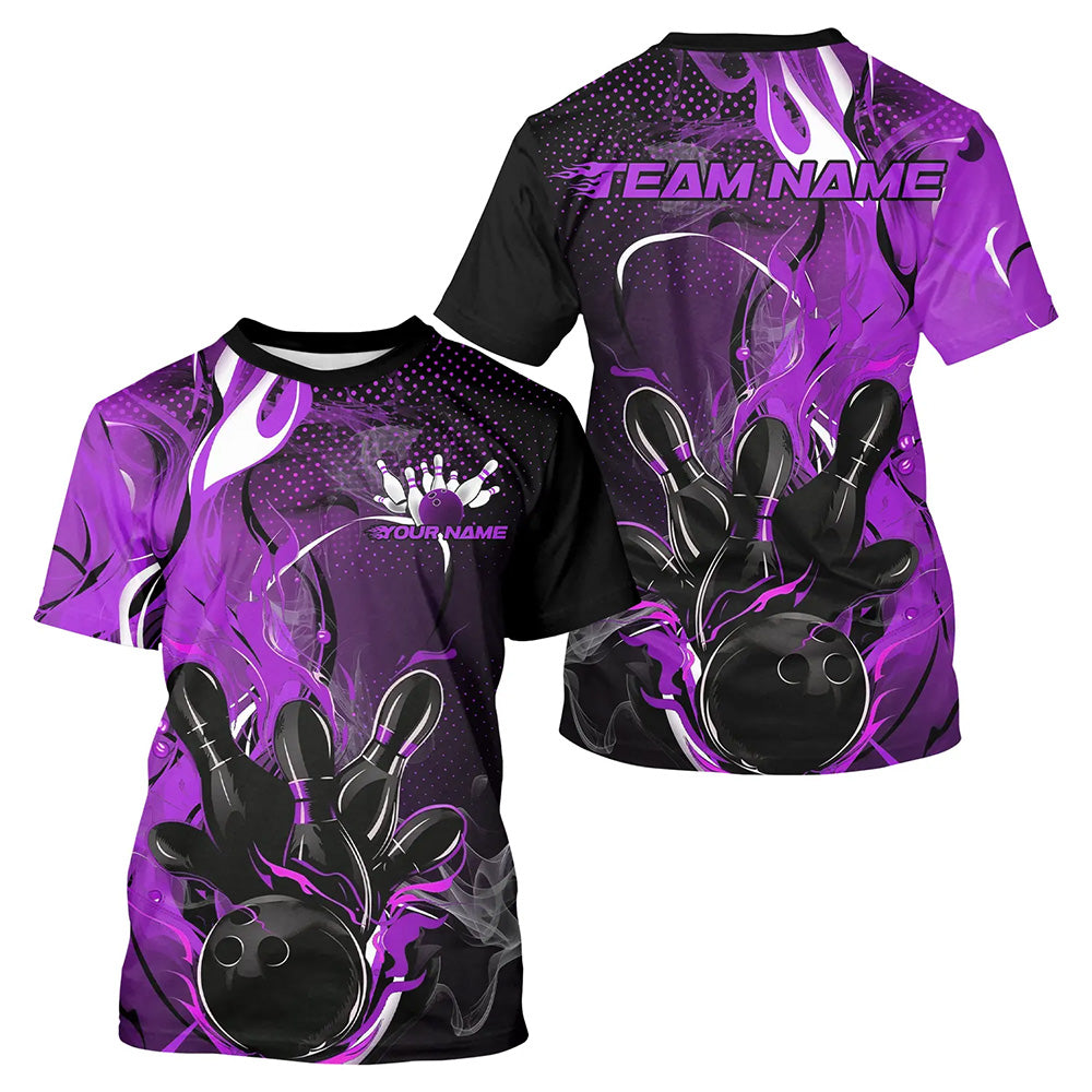 Black And Purple Custom Flame Bowling T-Shirts For Men, Fire Bowling Team IPHW8238