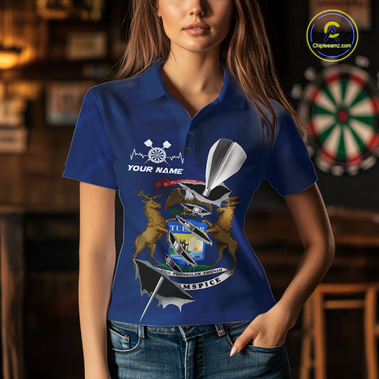 Custom Michigan State Flag Silver Dart Steel Tip Dart Women Polo Shirt, Dart Team Jerseys IPHW10564