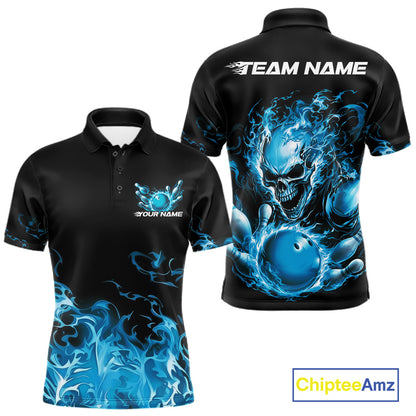 Front and back views of a black bowling polo with cyan blue flame graphics, a skull holding a cyan blue bowling ball, and customizable name and team text.