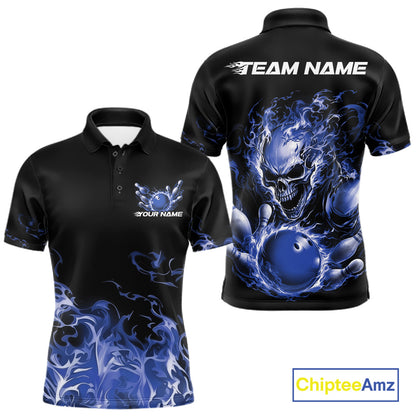Front and back views of a black bowling polo with mid blue flame graphics, a skull holding a mid blue bowling ball, and customizable name and team text.