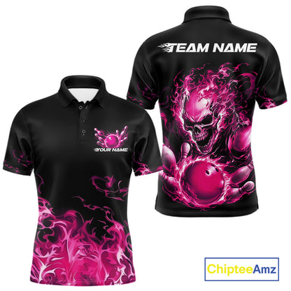 Front and back views of a black bowling polo with pink flame graphics, a skull holding a pink bowling ball, and customizable name and team text.