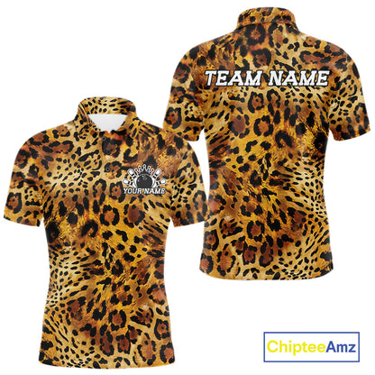 Front and back views of a yellow, brown, and black leopard-print bowling shirt with customizable “Your Name” and “Team Name” text.