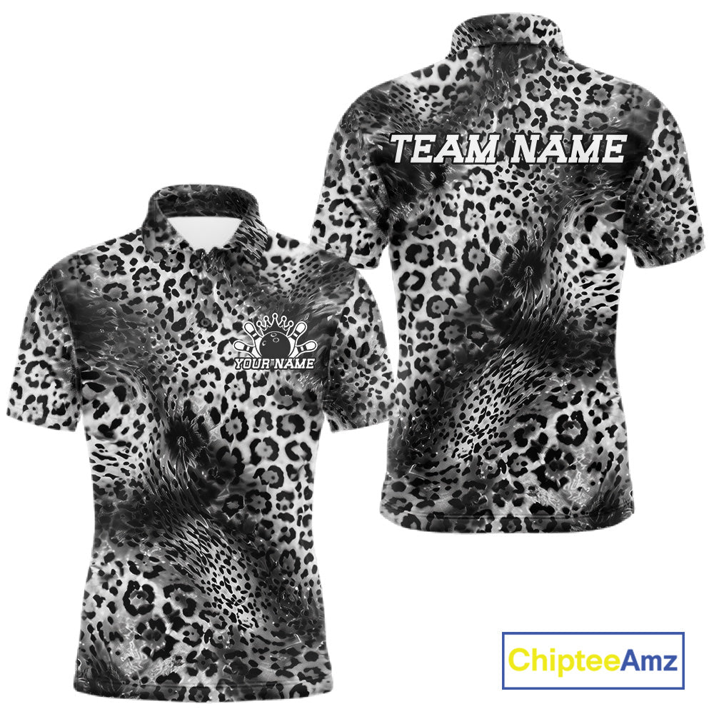 Front and back views of a white, and black leopard-print bowling shirt with customizable “Your Name” and “Team Name” text.