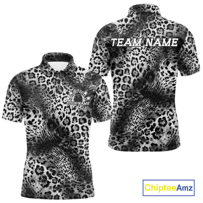 Front and back views of a white, and black leopard-print bowling shirt with customizable “Your Name” and “Team Name” text.