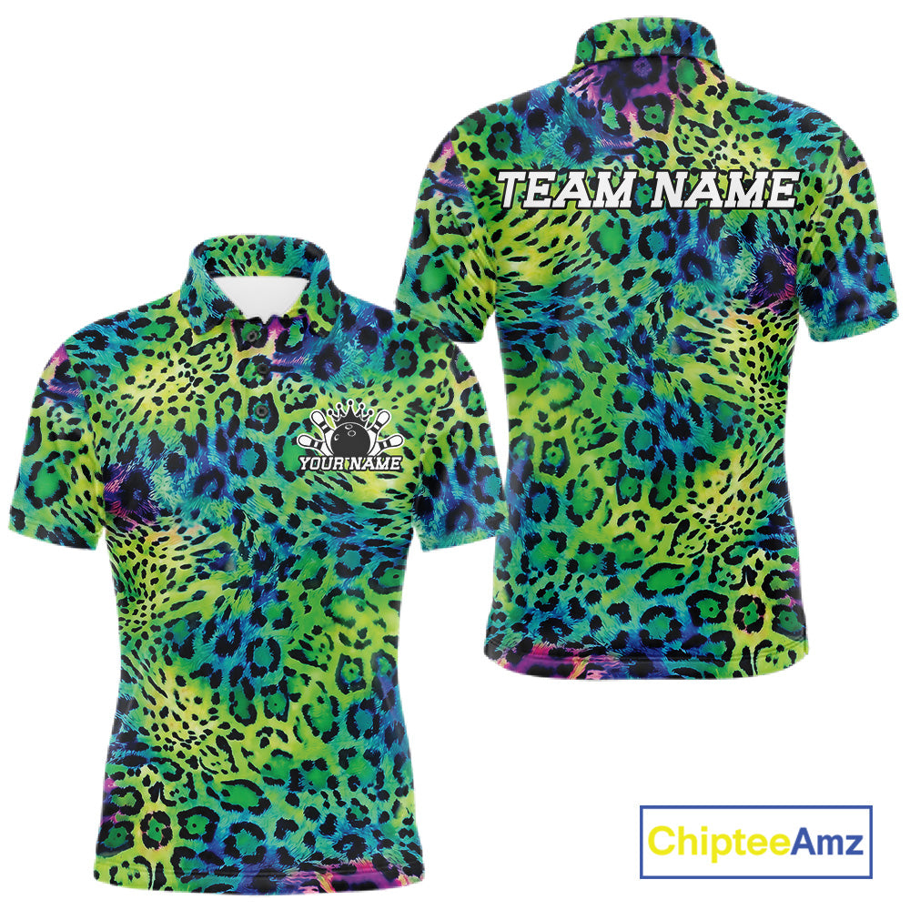 Front and back views of a green, blue, and black leopard-print bowling shirt with customizable “Your Name” and “Team Name” text.