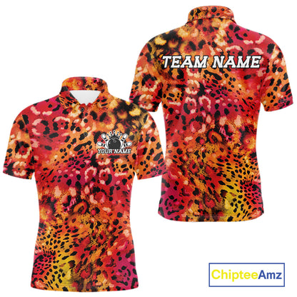 Front and back views of a red, orangw, and black leopard-print bowling shirt with customizable “Your Name” and “Team Name” text.
