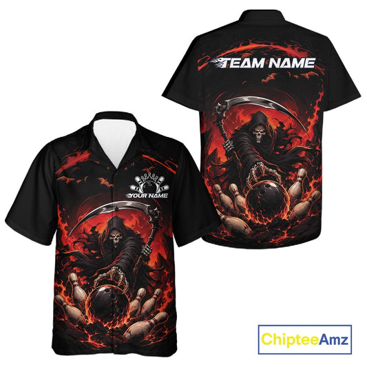 Front and back view of a button-up bowling shirt mockup featuring a grim reaper commanding a blazing bowling ball crashing into scattered pins through swirling flames on a black and red shirt.