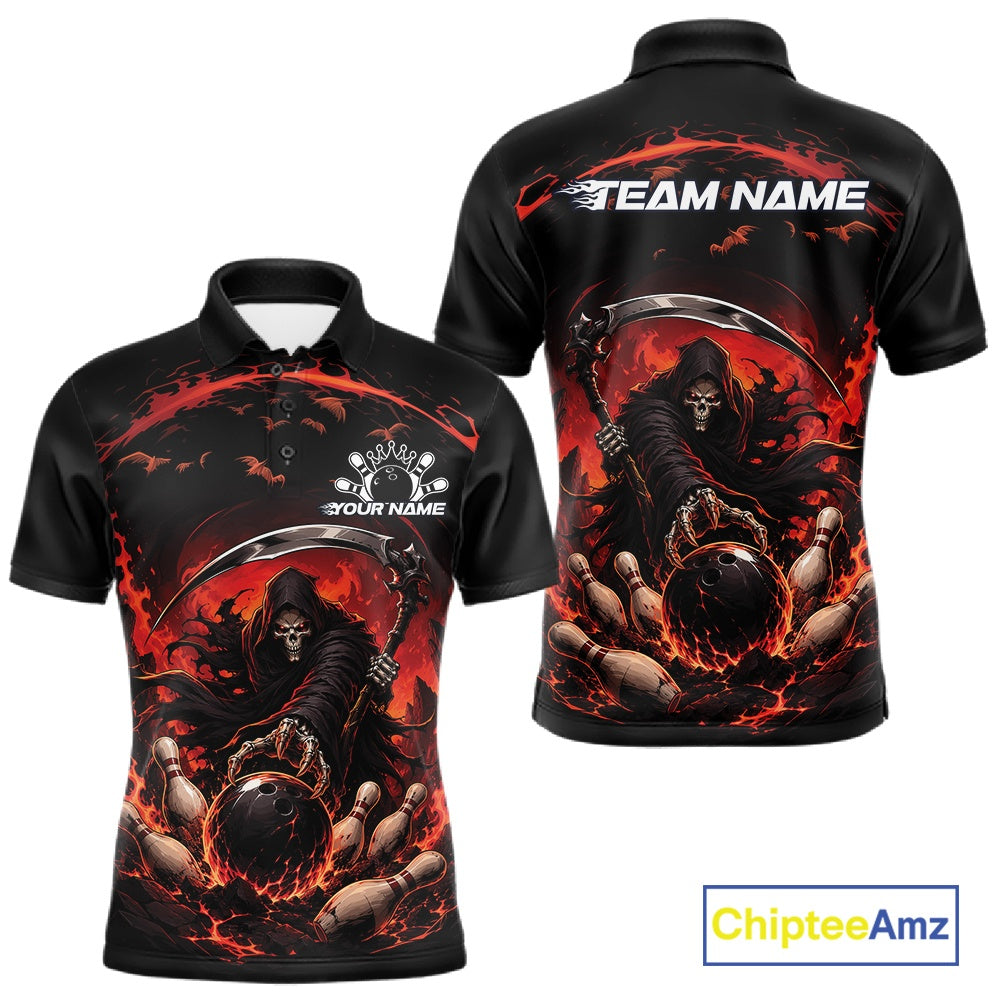 Front and back view of a men's bowling polo shirt mockup featuring a grim reaper reaching through swirling flames to command a blazing bowling ball crashing into scattered pins on a black and red shirt.