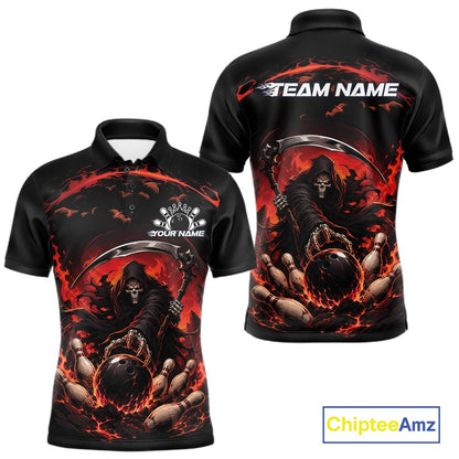 Front and back view of a men's bowling polo shirt mockup featuring a grim reaper reaching through swirling flames to command a blazing bowling ball crashing into scattered pins on a black and red shirt.