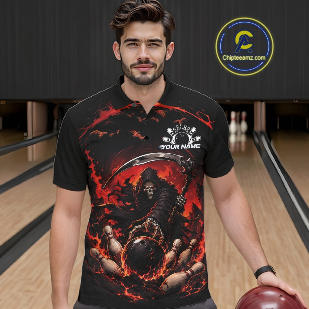 Front view of a male model wearing a black and red bowling polo shirt featuring a grim reaper commanding a blazing bowling ball crashing through scattered pins amid swirling flames in a bowling lane.