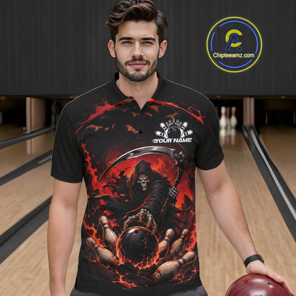 Front view of a male model wearing a black and red bowling polo shirt featuring a grim reaper commanding a blazing bowling ball crashing through scattered pins amid swirling flames in a bowling lane.