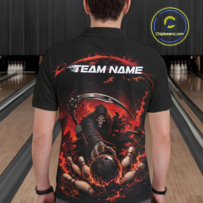 Back view of a male model wearing a black and red bowling polo shirt featuring a grim reaper reaching through swirling flames to command a blazing bowling ball crashing into scattered pins in a bowling lane.