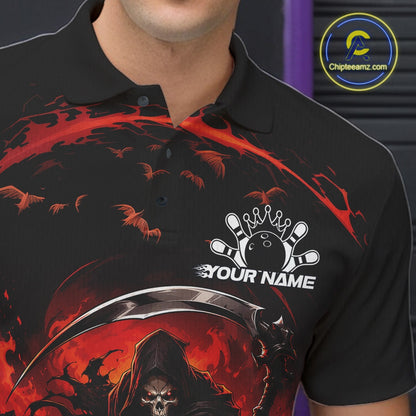 Close-up of the left chest on a black and red bowling polo shirt featuring a grim reaper commanding a blazing bowling ball crashing into scattered pins through swirling flames.