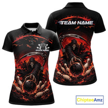 Load image into Gallery viewer, Front and back view of a women's bowling polo shirt mockup showcasing a grim reaper commanding a blazing bowling ball crashing into scattered pins through swirling flames on a black and red shirt.
