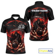 Load image into Gallery viewer, Front and back view of a men's bowling polo shirt mockup featuring a grim reaper reaching through swirling flames to command a blazing bowling ball crashing into scattered pins on a black and red shirt.