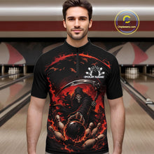 Load image into Gallery viewer, Front view of a male model wearing a black and red bowling quarter zip shirt featuring a grim reaper commanding a blazing bowling ball crashing through scattered pins amid swirling flames in a bowling lane.
