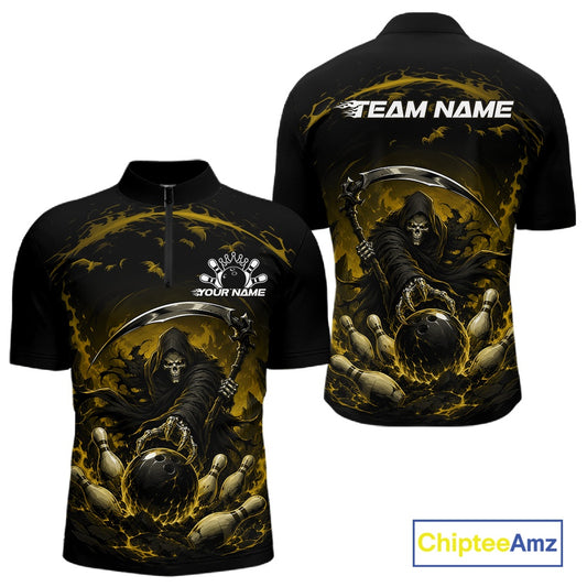 Front and back view of a men's bowling quarter zip shirt mockup featuring a grim reaper reaching through swirling flames to command a blazing bowling ball crashing into scattered pins on a black and yellow shirt.
