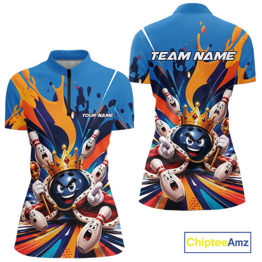 Front and back view of a women's bowling quarter zip mockup featuring a crowned cartoon bowling ball holding a royal scepter surrounded by cheering animated pins and colorful paint splashes.
