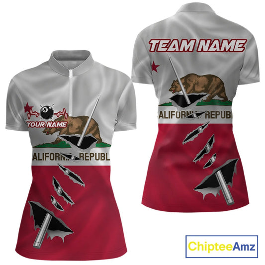 Custom California State Flag Silver Billiard Cue Patriotic Billiard 8 Ball Shirts Women IPHW10586