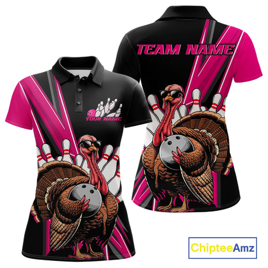 Black And Pink Custom Funny Turkey Bowling Women Shirts, Bowling League Team Shirt IPHW10803