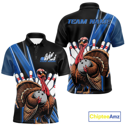 Black And Blue Custom Funny Turkey Bowling Men Shirts, Bowling League Team Shirt IPHW10804