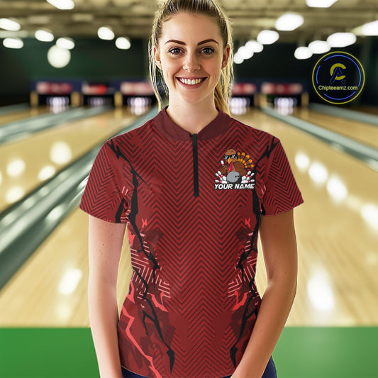 Red Custom Funny Turkey Bowling Jerseys, Bowling Team League Shirt Women Bowlers Outfit IPHW10809